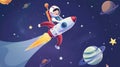 Cartoon astronaut in space flying on rocket. Modern illustration of boy in cosmonaut suit lying on spaceship moving by