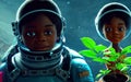 Cartoon of astronaut in the space plants organic green tree - AI Generated