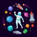 Cartoon astronaut in space. Spaceman rocket, stary ufo spaceship and planets vector illustration Royalty Free Stock Photo