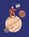 Cartoon astronaut stand on planet hold flag vector graphic illustration. Male cosmonaut in protective suit posing in