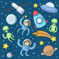 Cartoon astronauts, aliens, rocket, rockets, UFO, planets, stars in outer space. Characters and objects set. Flat vector Royalty Free Stock Photo
