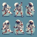 Cartoon astronauts in dancing poses, spaceman retro character cosmonaut music dance funky party set vector illustration