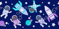Cartoon astronauts flying in space with rocket, planet and stars. Seamless border