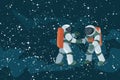 Cartoon astronauts meeting and handshake on space colored background