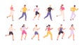 Cartoon athlete characters jogging, running marathon or race. Runners on sport event. Healthy lifestyle activity. People