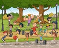 Cartoon athletes training in the park.