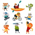 Cartoon athletic animals. Sport animal with equipment and tools. Football, basketball and running. Fitness pilates Royalty Free Stock Photo