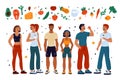 Cartoon athletic people. Diet nutrition. Happy characters. Healthy food. Vegetables and fruits. Toned persons figures