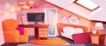 Cartoon attic interior of cozy girl bedroom with bed, mirror and workspace Royalty Free Stock Photo