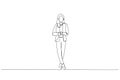 Cartoon of attractive businesswoman in suit posing while standing with arms crossed and looking at camera. One line art style Royalty Free Stock Photo