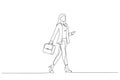 Cartoon of attractive businesswoman walking meeting wear blazer pants high heels. One line style art