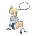 cartoon attractive woman sitting thinking with thought bubble