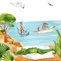 Cartoon australian animals resting on beach watercolor illustration. Royalty Free Stock Photo