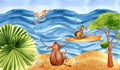 Cartoon australian animals resting on beach watercolor illustration.