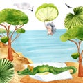 Cartoon australian animals resting on beach watercolor illustration.