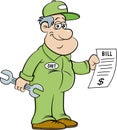 Cartoon auto mechanic holding a large bill.