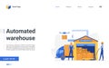 Cartoon automated warehouse landing page, workers packaging containers boxes in truck