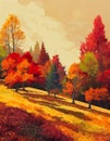 cartoon autum illustration of a forest in different colors, sunrise, ai generated image