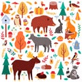 Cartoon autumn animals. Cute woodland birds and animals, moose duck wolf and squirrel, wild woods fauna isolated vector Royalty Free Stock Photo