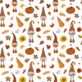 Cartoon autumn background with gnomes, pumpkins, dry leaves, pies Royalty Free Stock Photo