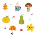 Cartoon autumn flat icons. Leaves, pumpkins, umbrella, mushrooms.