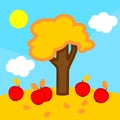 Cartoon autumn landscape with apple tree Royalty Free Stock Photo