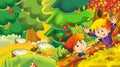 Cartoon autumn nature background with girl and boy gathering mushrooms and having fun with the falling leafs - illustration for