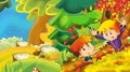 Cartoon autumn nature background with girl and boy gathering mushrooms and having fun with the falling leafs - illustration