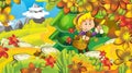 Cartoon autumn nature background with girl gathering mushrooms in the forest near the mountains - illustration