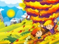 Cartoon autumn nature background in the mountains with girl and boy playing hide and seek and having fun with the falling leafs