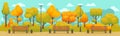 Cartoon autumn park panorama. Autumnal city parks road with yellow and red trees. Fall street tree panoramic vector background Royalty Free Stock Photo