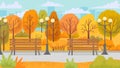 Cartoon autumn park. Yellow trees, city parks environment and nature panorama vector background illustration Royalty Free Stock Photo