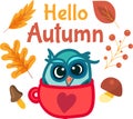 Cartoon autumn sticker template with cute owl