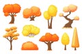 Cartoon autumn yellow trees. Bright tree, forest fall landscape elements. Orange bush. Colorful seasonal foliage recent