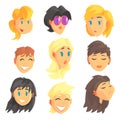 Cartoon avatar female faces with different emotions. Set of women from different nations and professions, colorful