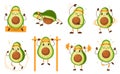 Cartoon avocado athlete. Funny vegetable character, sport mascot, cute green fruit gym activities, push and pull ups