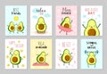 Cartoon avocado cards. Cute healthy food, baby party fun flyers. Positive inspirations text, green characters kids