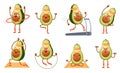 Cartoon avocado character fitness. Funny avocados in yoga poses, gym cardio and vegetarian sport food mascot vector