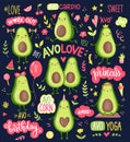 Cartoon avocado characters doing sport, cardio training, yoga, workout, cute princess, unicorn and couple in love. Funny Royalty Free Stock Photo