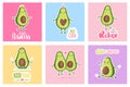 Cartoon avocado characters. Funny fruits collection isolated on white background. Kawaii vector illustration.