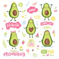 Cartoon avocado characters. Funny and happy fruits stickers collection