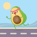 Cartoon avocado running or jogging in park. Cute sporty healthy food character making sport exercise. Fitness concept