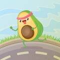 Cartoon avocado running or jogging in park. Cute sporty healthy food character making sport exercise. Fitness concept