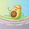 Cartoon avocado running or jogging in park. Cute sporty healthy food character making sport exercise. Fitness concept