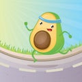 Cartoon avocado running or jogging in park. Cute sporty healthy food character making sport exercise. Fitness concept