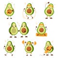 Cartoon avocado. Sport and daily activity, healthy cute characters with jump rope, exercises with barbell, hold pencil