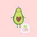 Cartoon avocado unicorn character. Cute Avocorn. Funny fruit. Kawaii vector illustration.