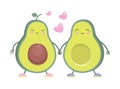 Cartoon avocados in love. Avocado boy and girl together and pink hearts. Fresh food characters clothes print or postcard