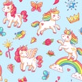 Cartoon babe pony sketch cute background. Miracle sweet dreams with magic unicorn, clouds and rainbow vector seamless pattern