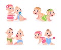 Cartoon babies. Funny newborn boy and girl sitting together, cute twins sister and brother. Vector happy children